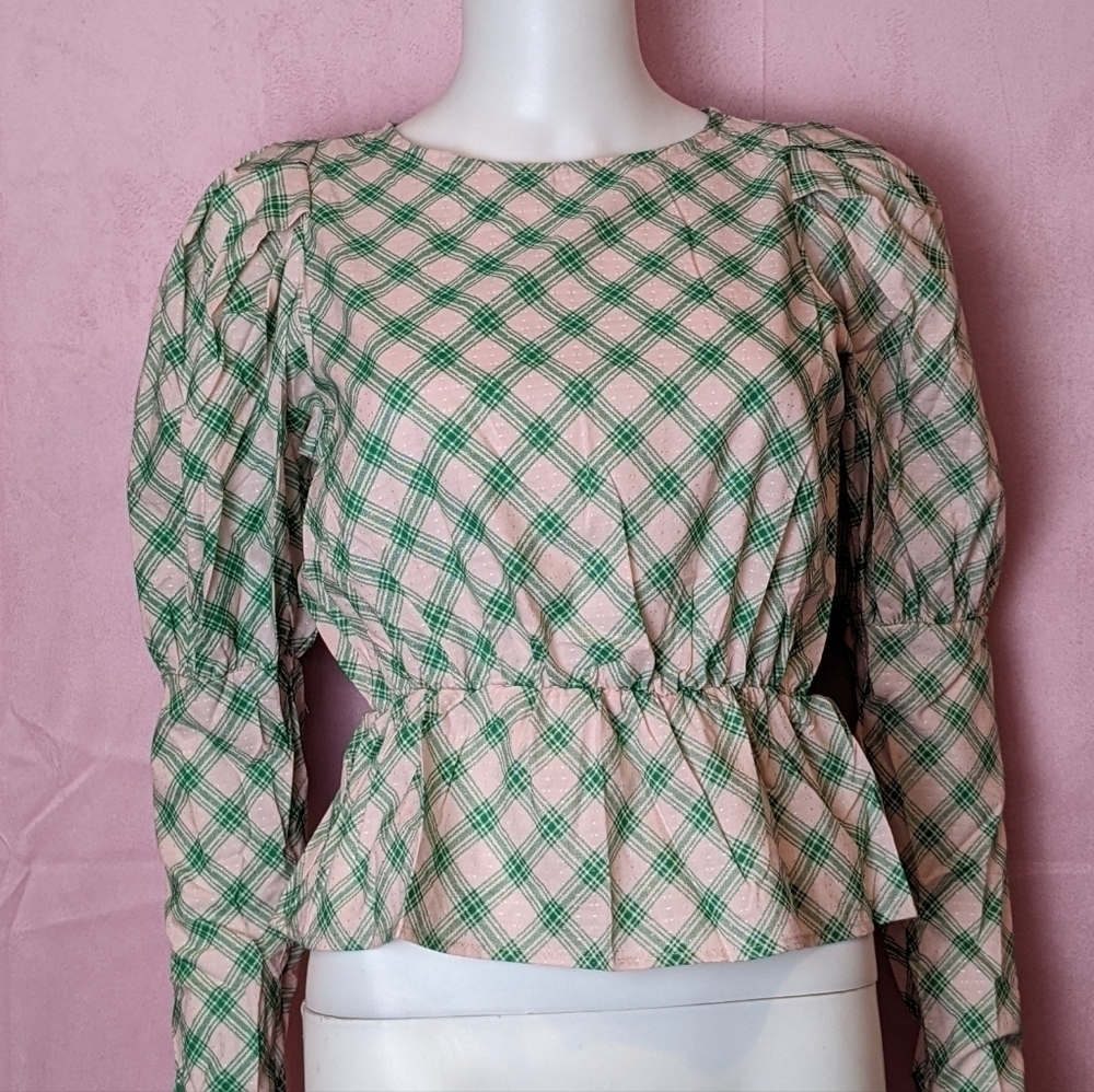 Daisy Street Dolls Kill Pink and Green Plaid Open Back Puff Sleeve Peplum Blouse
